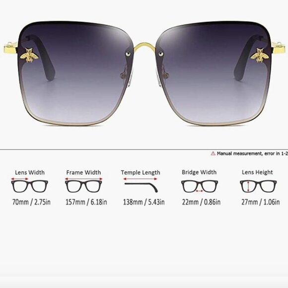Retro Dark Grey Gold Ombre Oversized‎ Square Rectangle Rimless Sunglasses - Picture 7 of 8